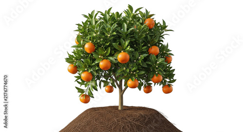 Small orange tree with ripe citrus fruits growing in a mound of soil isolated on white