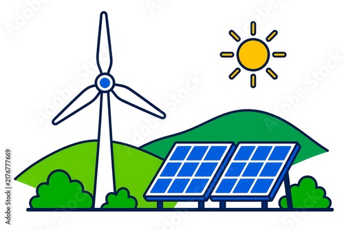Wind turbine and solar panels in a green field illustration