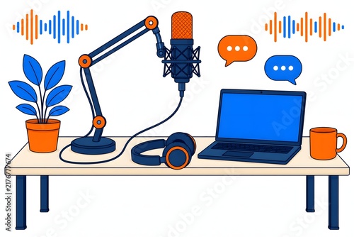 Podcast desk setup with microphone laptop and headphones