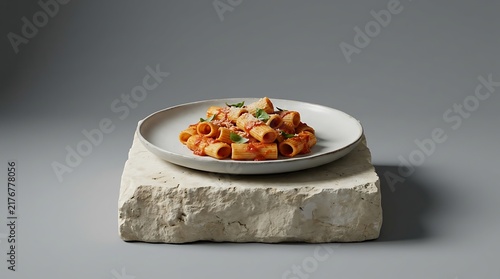 A plate of delicious pasta al sugo topped with fresh basil and grated cheese, served on a rustic stone pedestal against a clean minimalist grey background.