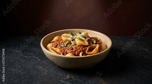 A delicious bowl of pasta al sugo featuring conchiglie shells smothered in a rich tomato and meat sauce, topped with fresh basil and parmesan on a dark background.