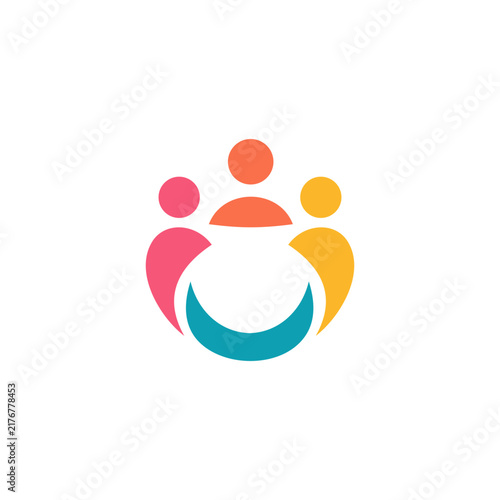 Colorful circular people logo with three human figures around a central ring, ideal for community, teamwork, family, and support brands.