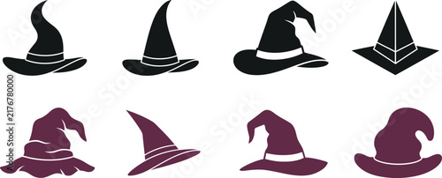 Collection of various witch hat icons and silhouettes for Halloween design elements on a white background