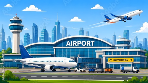 Airport terminal with control tower planes and departures sign