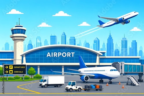 Airport terminal with planes and city skyline illustration