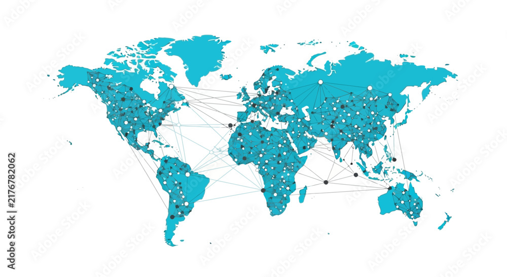 Naklejka premium Global Network Connection World Map Illustration with Interconnected Digital Communication Nodes