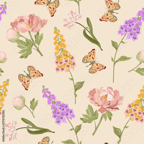 Tender peonies, digitalis, and butterflies against a beige background create a stunning vector illustration that would be perfect for decorating textiles or packaging.