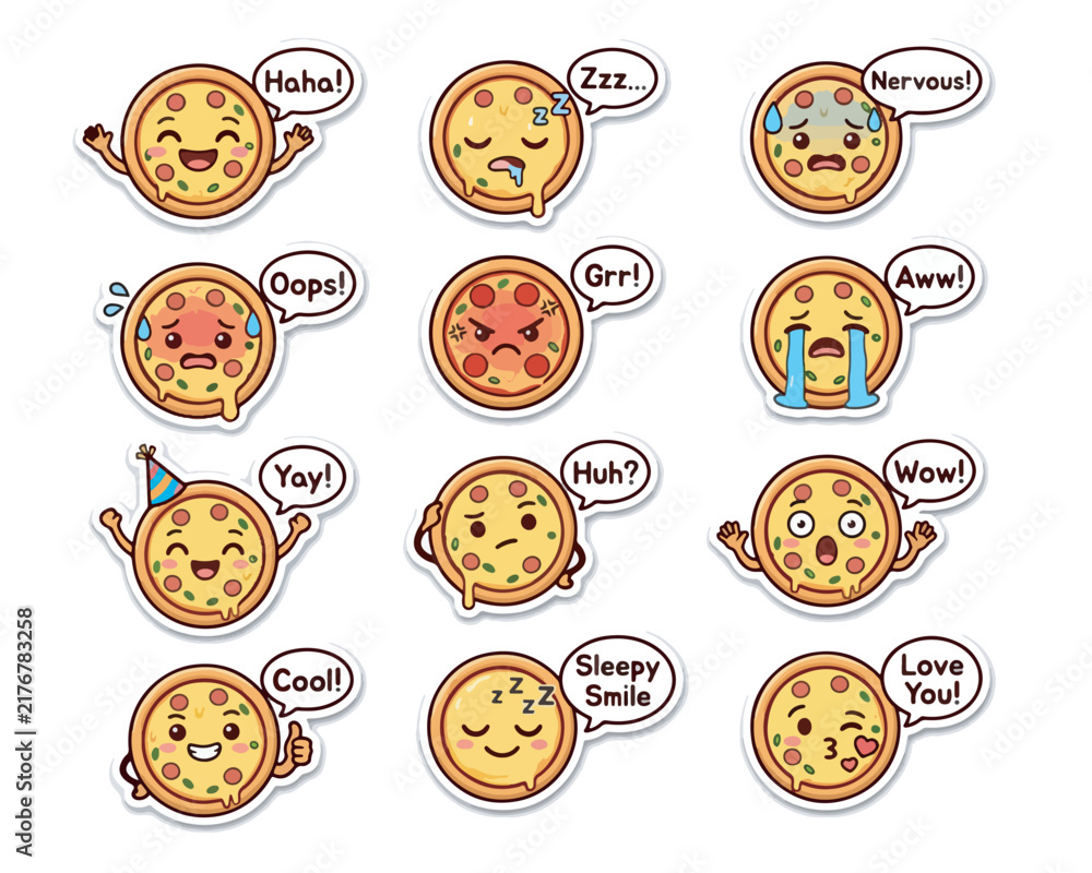 Obraz premium Cute cartoon pizza characters expressing various emotions and moods with speech bubbles, presented as a set of fun stickers or emojis.