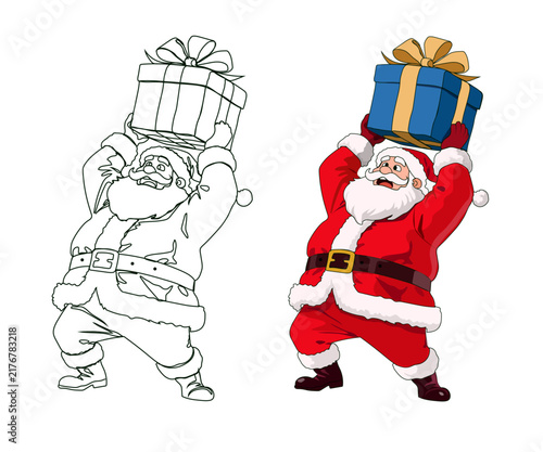 big fat cartoon santa claus character carrying a heavy gift box.isolated design template.christmas greeting cards,invitation cards,festive offer, bonus,discount concept clip art vector illustration.