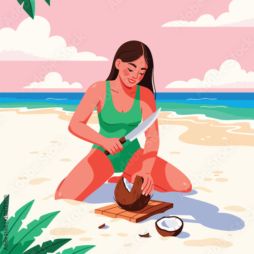 Woman opening coconut on sandy beach with ocean and clouds