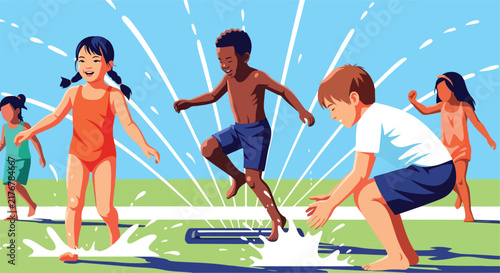 Children splashing in water on a sunny day
