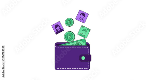 Digital Wallet Illustration with Floating Bitcoin Coins and User Avatars, Fintech Cryptocurrency Concept for P2P Payments and Personal Finance