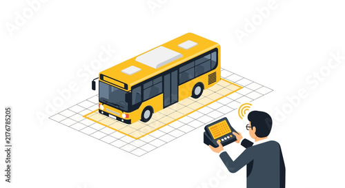 Isometric Smart Public Bus with Remote Fleet Management and IoT Digital Control Technology Illustration