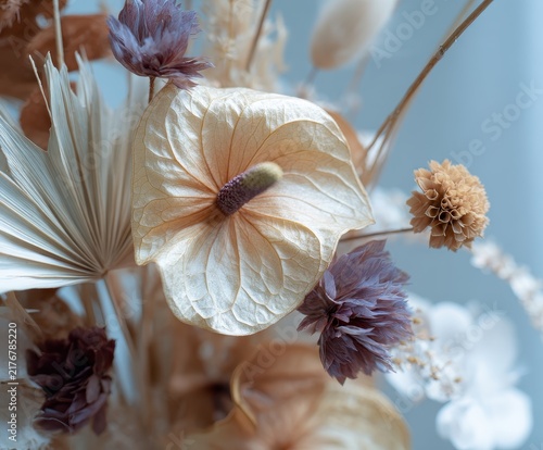 Anthurium Flower Arrangement: A delicate, pastel-hued Anthurium flower takes center stage in a sophisticated arrangement, complemented by dried foliage and muted blossoms.