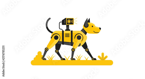 Robotic Dog with Surveillance Camera and Artificial Intelligence, Flat Vector Illustration of Autonomous Security Bot