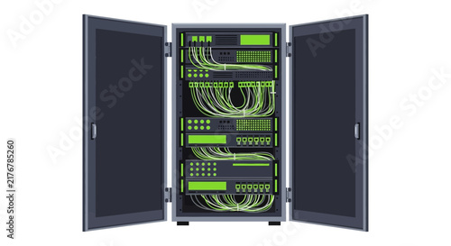 Vector Illustration of an Open Network Server Rack with Green Cables and Data Storage Hardware Isolated on White