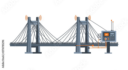 Smart Bridge Infrastructure Monitoring System with Wireless IoT Sensors and Structural Health Control Panel Vector Illustration