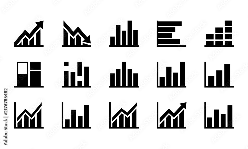 Obraz premium A collection of black and white business icons featuring various styles of bar graph and financial data charts