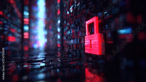 Digital Security Lock: A vibrant, glowing red digital padlock symbolizes data security and online privacy amidst a futuristic, neon-lit server room.
