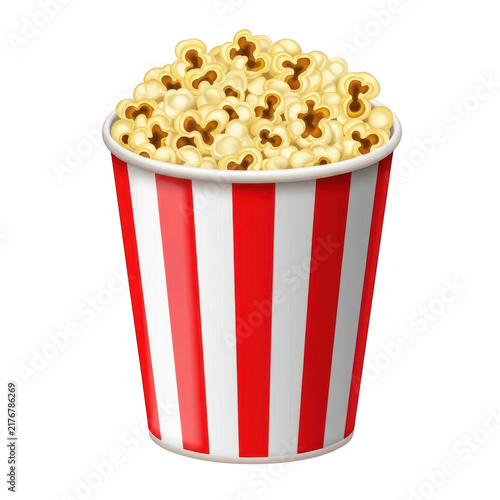 Popcorn in a red and white striped bucket isolated on white background