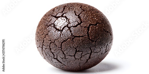 Round dark chocolate truffle ball with cracked textured surface isolated on white background