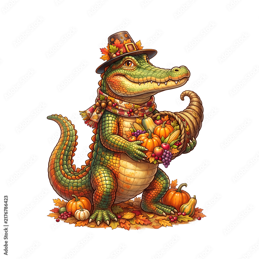 Fototapeta premium Cute alligator holding a cornucopia for thanksgiving isolated on transparent background