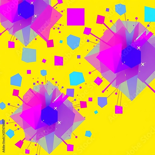 Vibrant geometric shapes dance across bold yellow background, purple, green