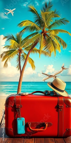 Vacation suitcase with palm trees and airplane, departure, exploration