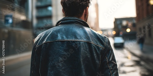 Man in black leather jacket walking down city street with blurred traffic and buildings
