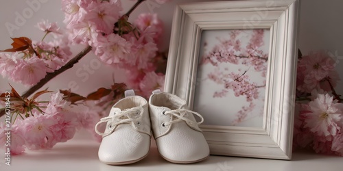 Little white leather baby shoes sit beside a framed cherry blossom print on a soft surface surrounded by delicate pink flowers.
