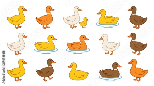Colorful collection of ducks and ducklings arranged in rows