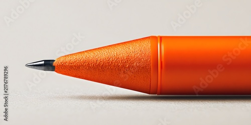 Close up view of an orange ballpoint pen tip on a white surface