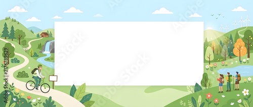 Green landscape background featuring a horizontal blank frame, cyclist, hikers, forest, river, and mountains.