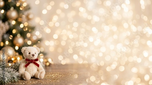 Teddy bear doll with Christmas tree in gold bokeh background 