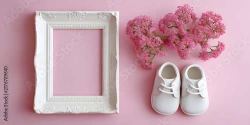 White vintage frame with tiny baby shoes and pink flowers arranged on a pastel pink background