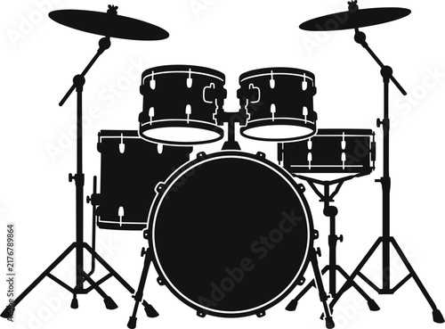 Drum kit vector icon drum set musical instrument percussion cymbals solid black isolated white background layout design.eps