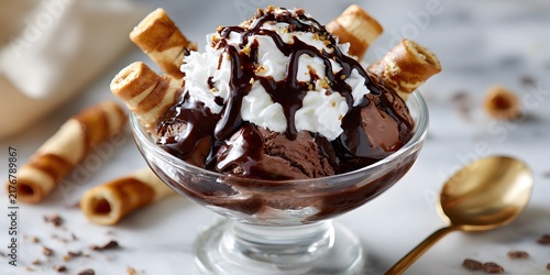 Delicious chocolate sundae topped with whipped cream, nuts and wafer rolls in a glass bowl on a marble table
