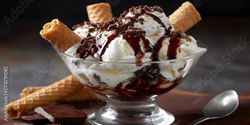 Delicious vanilla ice cream sundae with chocolate sauce and crispy wafer rolls served in a glass bowl on a dark background