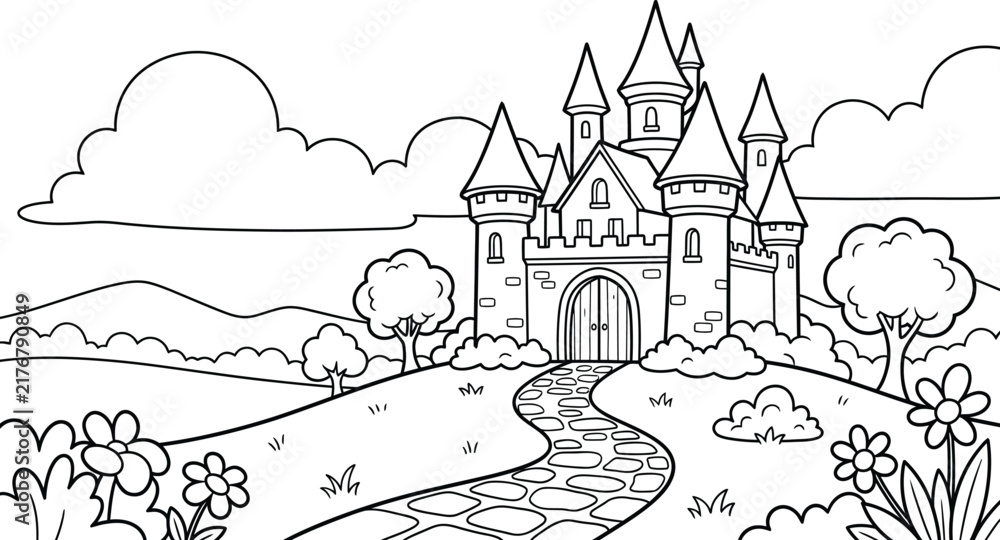Naklejka premium Enchanting castle coloring page a majestic fortress surrounded by nature perfect for creative expression and relaxation