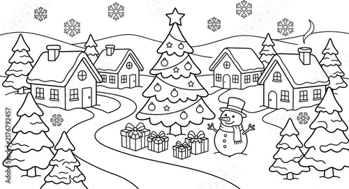 A delightful winter village scene with charming houses and snow covered trees perfect for creative coloring fun and relaxation