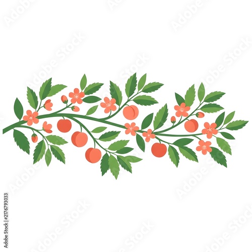 Decorative botanical branch with green leaves, pink blossoms and orange fruit clusters
