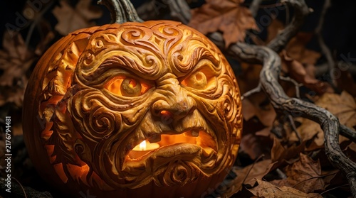 Intricately Carved Halloween Pumpkin with Fiery Gaze and Open Mouth