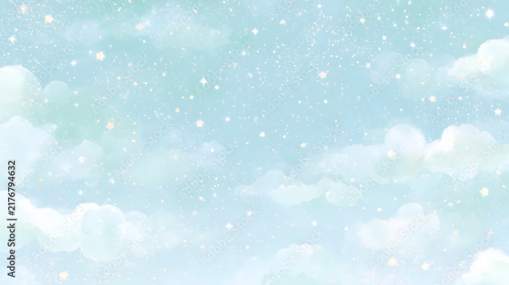 Obraz premium 淡い水色の雲ときらめく星が広がる幻想的な天空背景 
