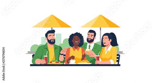 Diverse Group of Friends Laughing and Dining at an Outdoor Cafe Vector Illustration