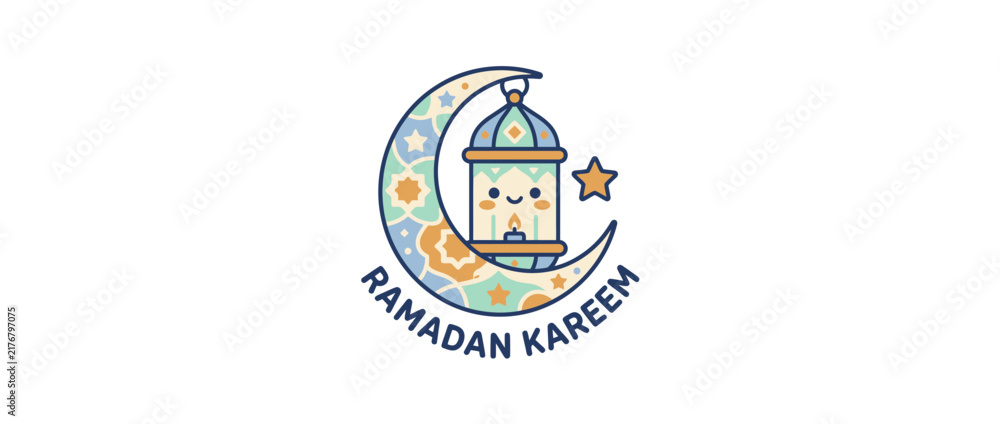 Naklejka premium Cute Ramadan Kareem Lantern Moon Star Greeting Card Design