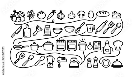Food preparation kitchen icons with vegetables utensils cookware oven and cooking equipment vector set