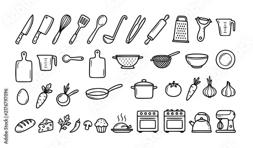 Cooking utensils food and cookware outline icons with knife whisk pan oven and ingredients vector set
