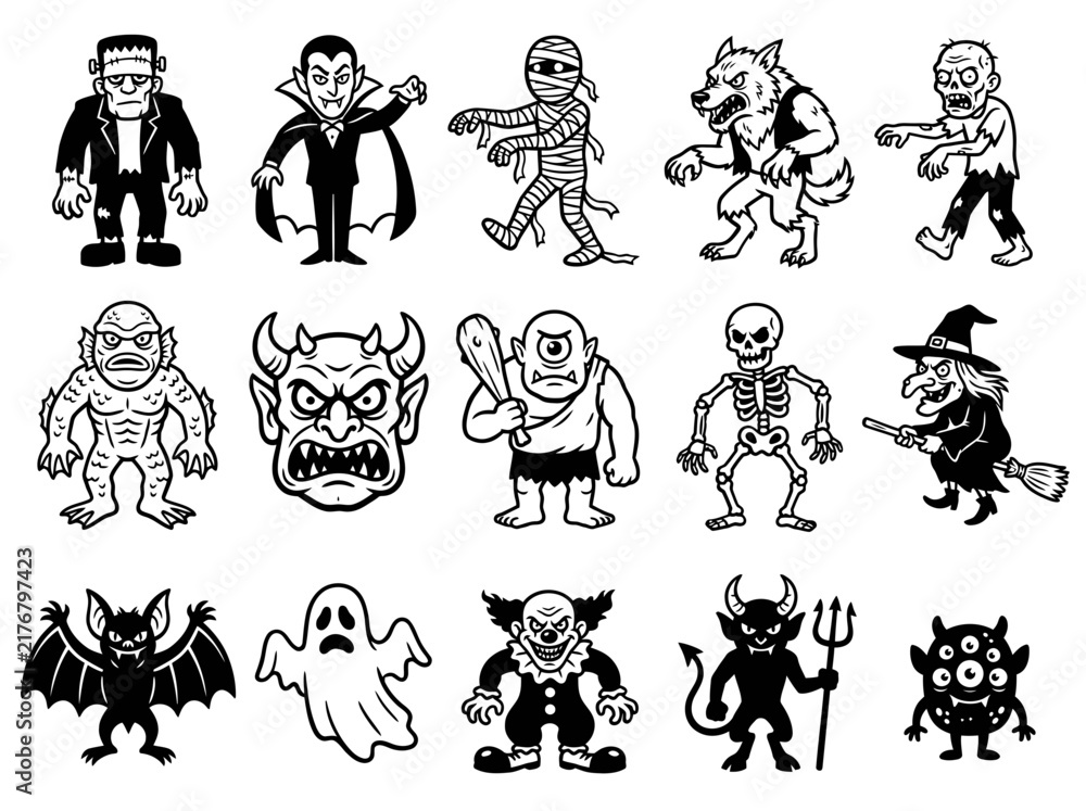 Obraz premium Set of 15 Halloween Monster Character Icons Creepy Spooky Vector Line Art Black and White Illustration