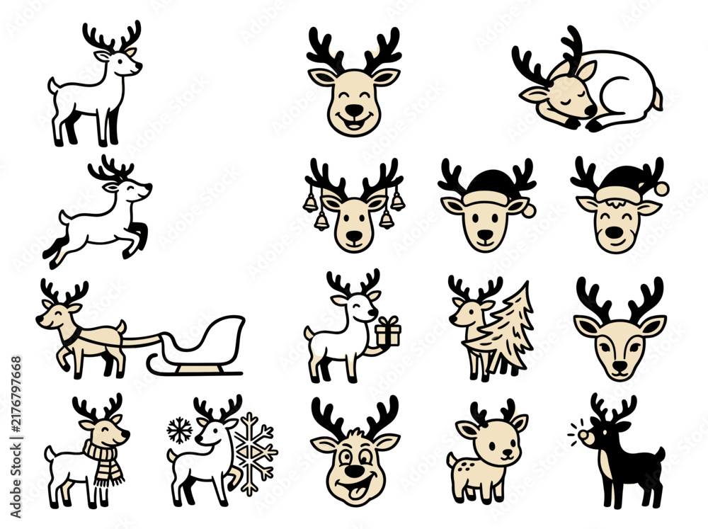 Obraz premium Set of Cute Christmas Reindeer Illustrations with Festive Poses and Expressions for Holiday Decor