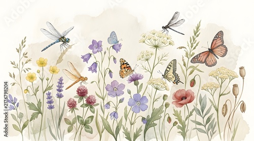 Vintage style botanical watercolor painting of wild field flowers and diverse flying insects.